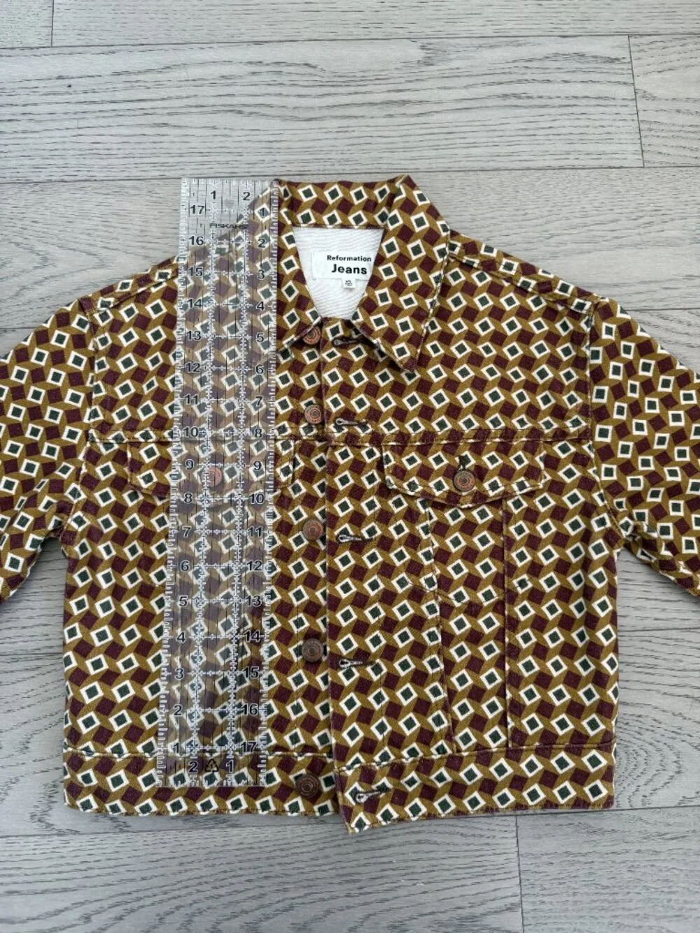 Reformation Jeans Cora Shrunken Denim Jacket Geo Print Brown Size XS